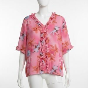 Vintage Flashback Pink Floral Ruffle Semi Sheer Blouse Sz XL Soft Girl Coquette